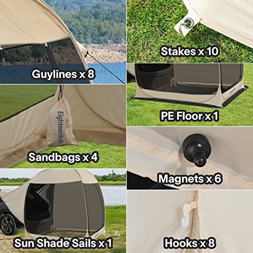EighteenTek SUV Car Camping Tent - Pop Up Versatile Shelter Tent, Includes Sunshade sail, Storage Bag and Camping Accessories - 7’x7’x7.2’H - Not Waterproof - Image 4