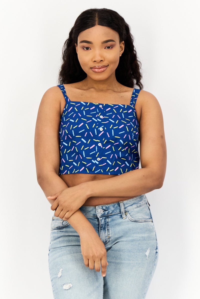 ONLY Women Square Neck Sleeveless Allover Print Tank Top, Blue  - Image 1