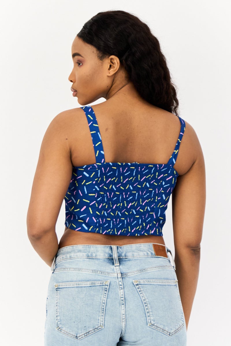 ONLY Women Square Neck Sleeveless Allover Print Tank Top, Blue  - Image 3
