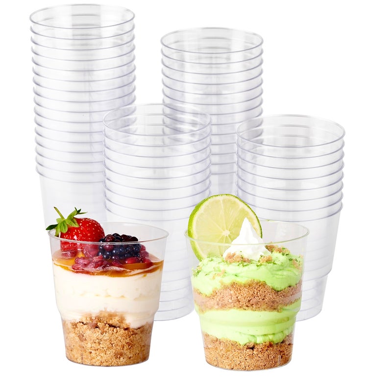 MATANA 48 Clear Hard Plastic Dessert Cups Round 220ml  Sturdy  Reusable  Dessert Pots for Appetisers Puddings Mousses Parfaits Trifles Tiramisu Cheesecakes
