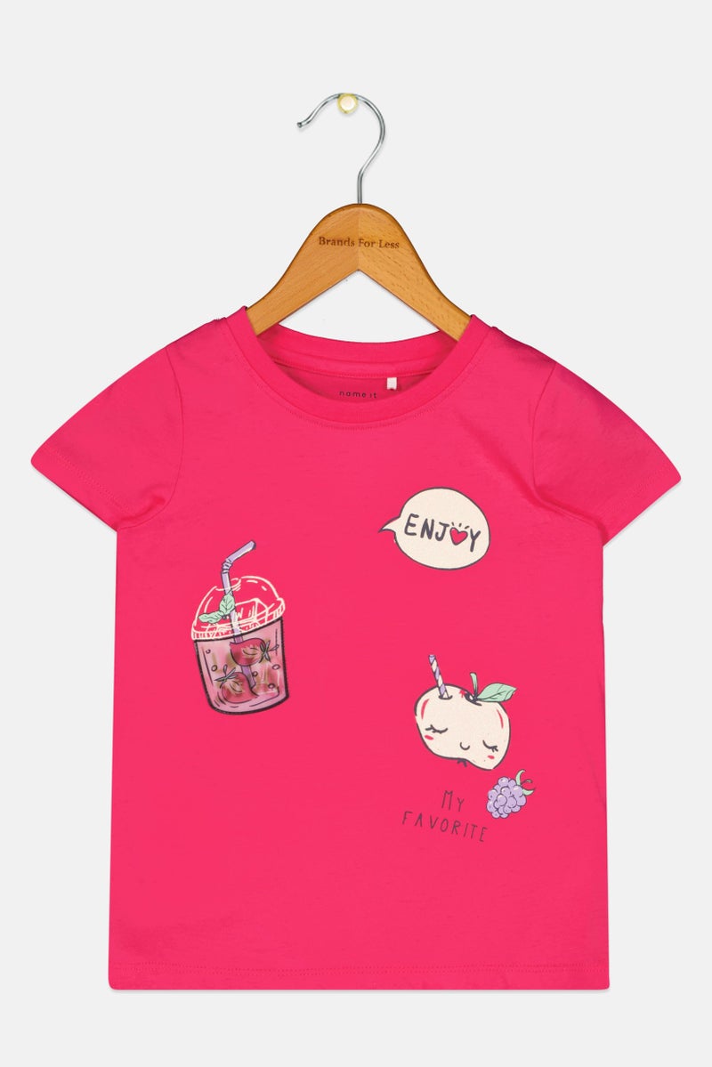 NAME IT Toddlers Girl Crew Neck Short Sleeve Graphic Print T-Shirt, Dark Pink - Image 1