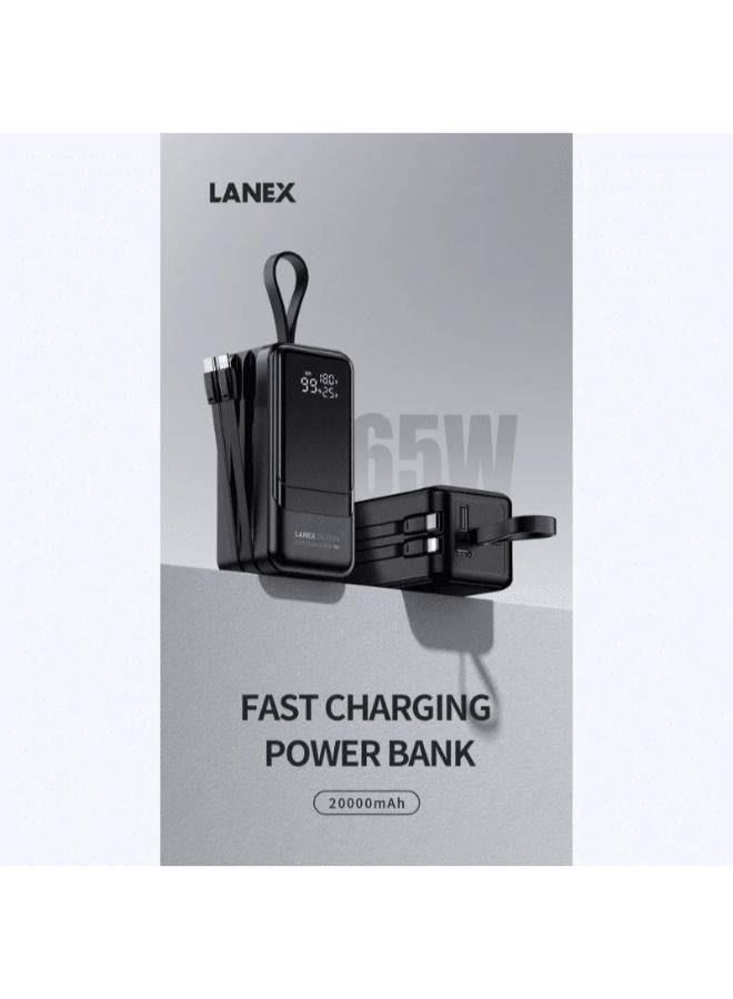لانيكس باور بانك Lanex، كابلات مزدوجة مدمجة، 20000 مللي أمبير، 65 واط، LP35 - أسود - Image 2