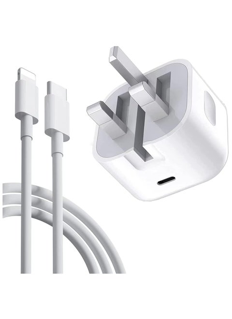 شاحن ايفون سريع 20 وات | شاحن جداري USB C سريع مع كابل USB C إلى Lightning بطول 1 متر متوافق مع iPhone 13\14/14 Pro/14 Pro Max/13/12/SE2020/11/XR/XS Max/X/iPad كابل USB-C إلى Lightning - 1 متر أبيض