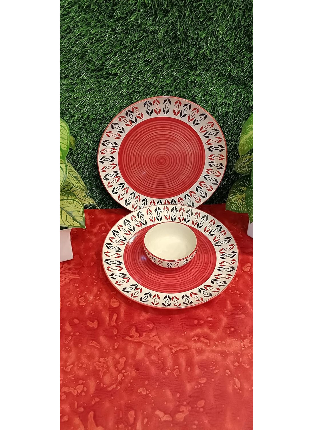 Caffeine caffeine Ceramic Handmade Orange Arrow Pattern Combo Dinner Set (Set of 3) pcs  - Image 1