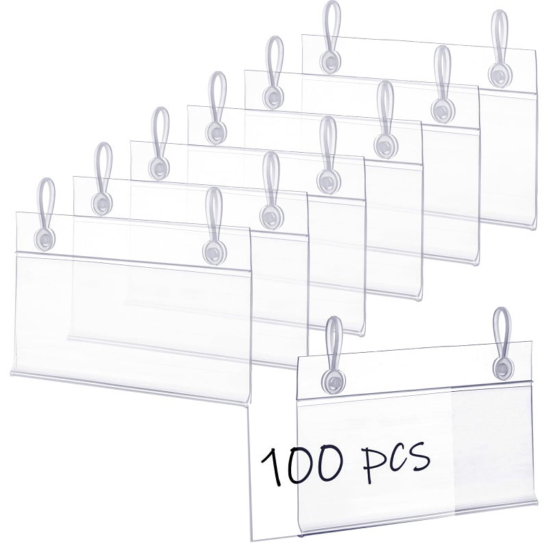 Elsjoy 100 Pack Plastic Wire Shelf Label Holders 32 x 23 Clear Price Tag Holder Sign  Ticket Holder with Double Snap Lock Closure Reusable Basket Label Holders for Market Retail Shop Pantry
