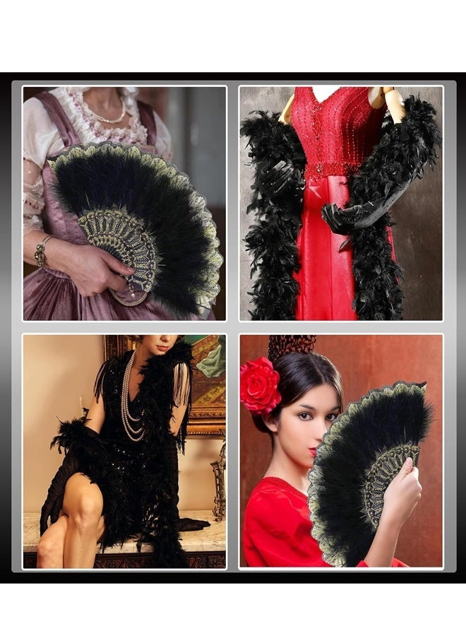 السيدات ريشة مروحة + وشاح أسود ريشة ، قابلة للطي مروحة يدوية - Image 3