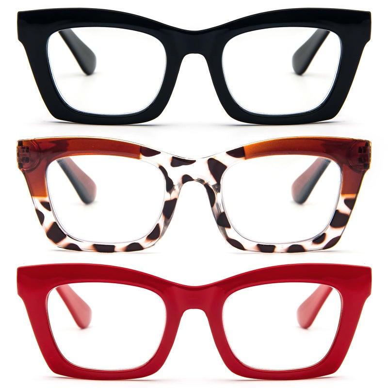 REAVEE 3 Pack Oprah Style Reading Glasses for Women Blue Light Blocking Oversized Cute Square Fashion Computer Readers with Spring Hinge 175