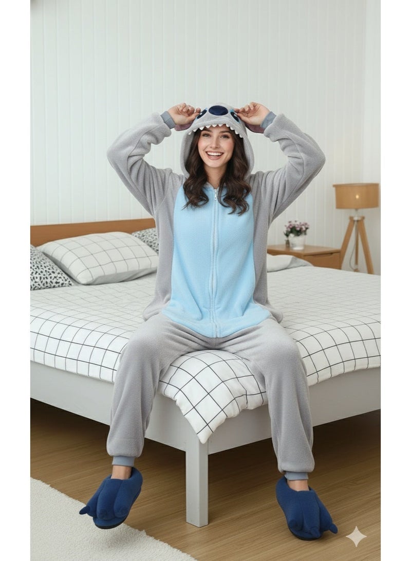 مانيكان بيجامة نسائية شتوية للكبار بطبعة رسوم متحركة، بدلة نوم متكاملة من قطعة واحدة من الفلانيل مع سحاب، شبشب على شكل حيوان، طقم بيجامة كبير الحجم، زي تنكري. - Image 2