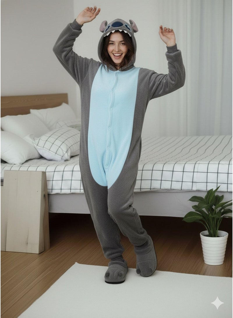 مانيكان بيجامة نسائية شتوية للكبار بطبعة رسوم متحركة، بدلة نوم متكاملة من قطعة واحدة من الفلانيل مع سحاب، شبشب على شكل حيوان، طقم بيجامة كبير الحجم، زي تنكري. - Image 1