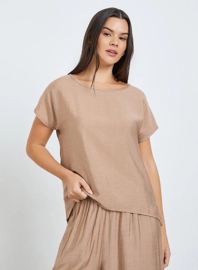 Take Two Beige Solid Top and Wide Leg Pants Co-ords