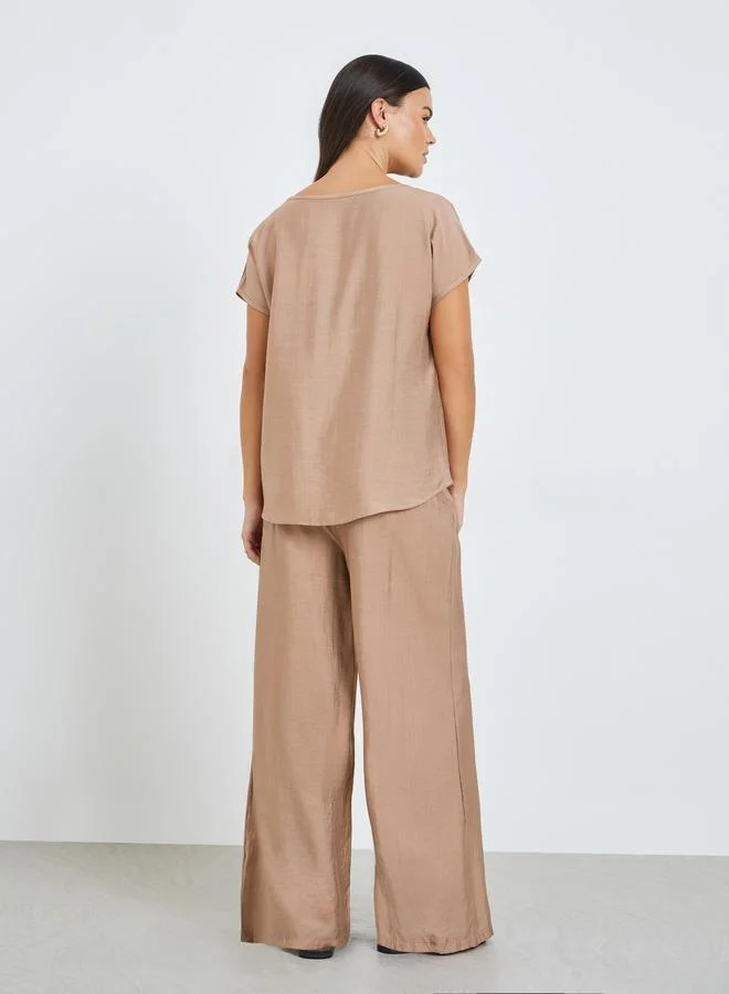 Take Two  Beige Solid Top and Wide Leg Pants Co-ords for Women | Best Price UAE