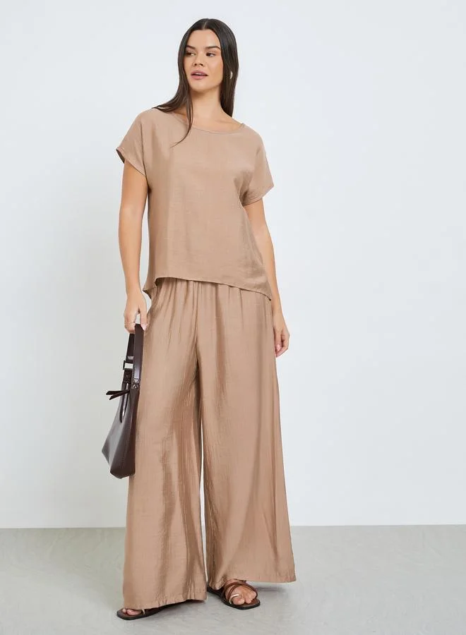 Take Two Beige Solid Top and Wide Leg Pants Co-ords