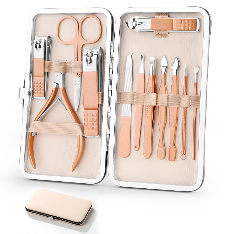 Aceoce Professional Manicure Pedicure Set 12in1 Nail Care Kit with Stainless Steel Nail Clippers Cuticle Trimmer Grooming Manicure Pedicure Tools for Women Ultra Sharp Sturdy Personal Care Tools Travel Case 