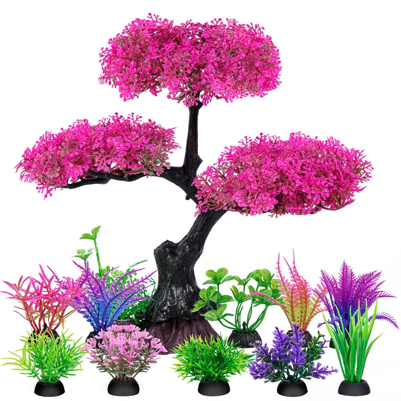 Ameliade Aquarium Artificial Plastic Plants Decoration, Pink Cherry Blossom Tree Aquarium Decor Set, Goldfish Betta Fish Tank Decorations Hides Accessoriesï¼ˆPink - Image 1