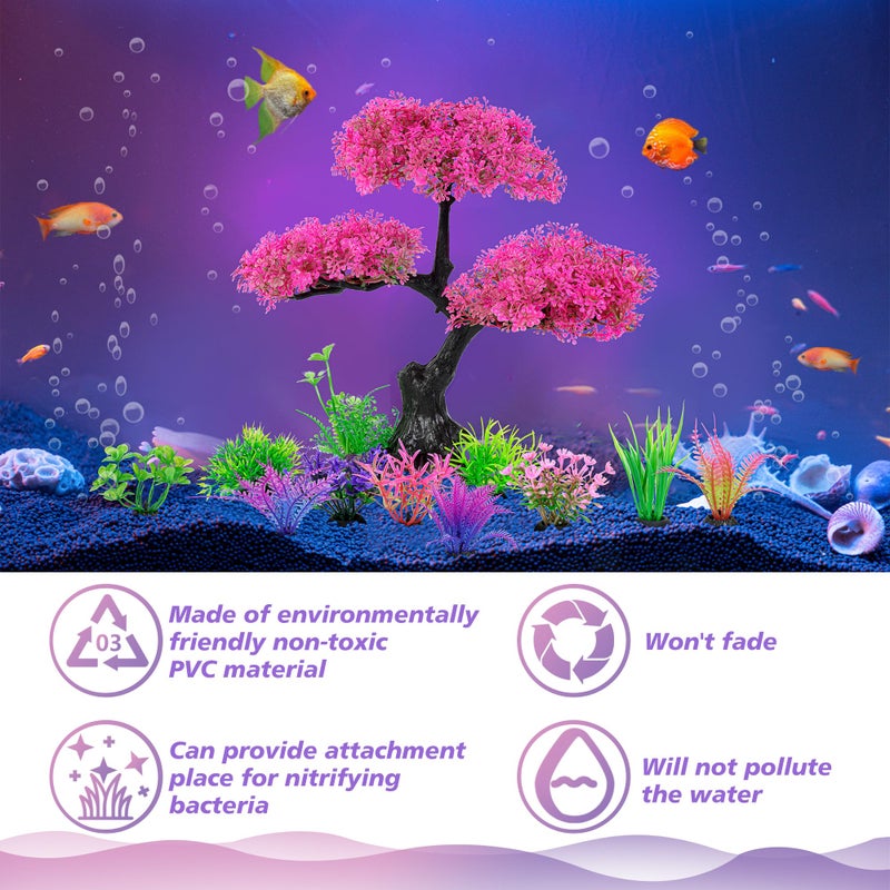 Ameliade Aquarium Artificial Plastic Plants Decoration, Pink Cherry Blossom Tree Aquarium Decor Set, Goldfish Betta Fish Tank Decorations Hides Accessoriesï¼ˆPink - Image 3