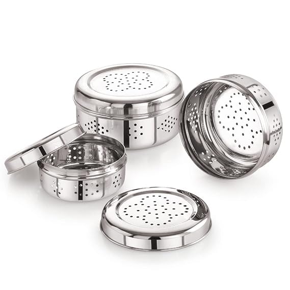 DARAZ Small3Pcs Stainless Steel Hole Container Dabba Storage Box with Air Ventilation Keeps Food Fresh Puri Coriander Chilly Vegetable and Fruits Silver - Image 1