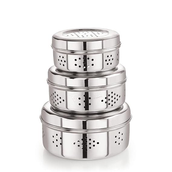 DARAZ Small3Pcs Stainless Steel Hole Container Dabba Storage Box with Air Ventilation Keeps Food Fresh Puri Coriander Chilly Vegetable and Fruits Silver - Image 2