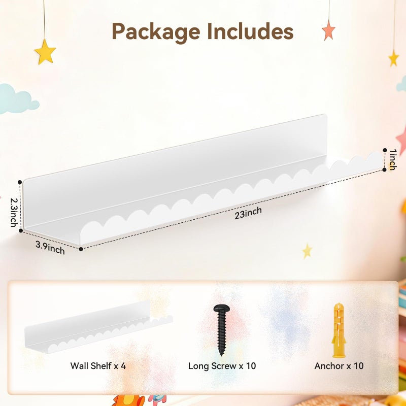 Gattlukd Floating Shelves for Wall, 23 Inch Metal Nursery Book Shelves 4 Pack, Wall Mounted Book Shelf for Kids Room, Bedroom, Bathroom, Playroom Decor ï¼ˆWhiteï¼‰ - Image 2