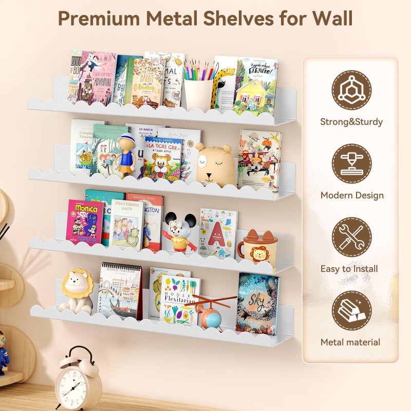 Gattlukd Floating Shelves for Wall, 23 Inch Metal Nursery Book Shelves 4 Pack, Wall Mounted Book Shelf for Kids Room, Bedroom, Bathroom, Playroom Decor ï¼ˆWhiteï¼‰ - Image 3