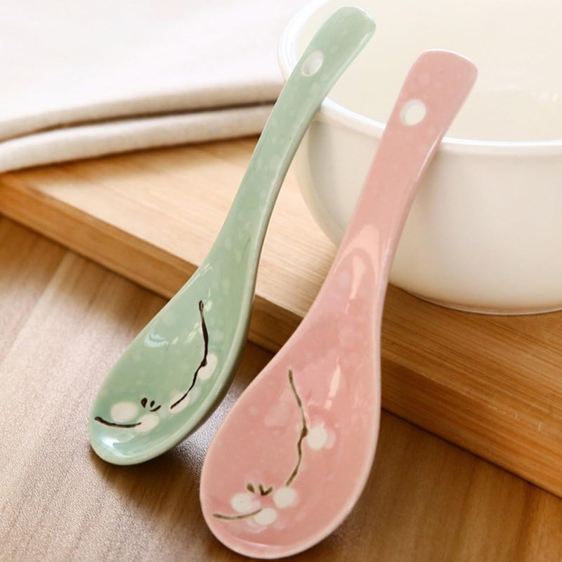 Japanese Style Snowflake Pattern Pink Ceramic Soup Spoons Set of 6 Porridge Spoons for Home Dining - Image 5