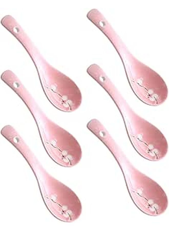 Japanese Style Snowflake Pattern Pink Ceramic Soup Spoons Set of 6 Porridge Spoons for Home Dining - Image 1