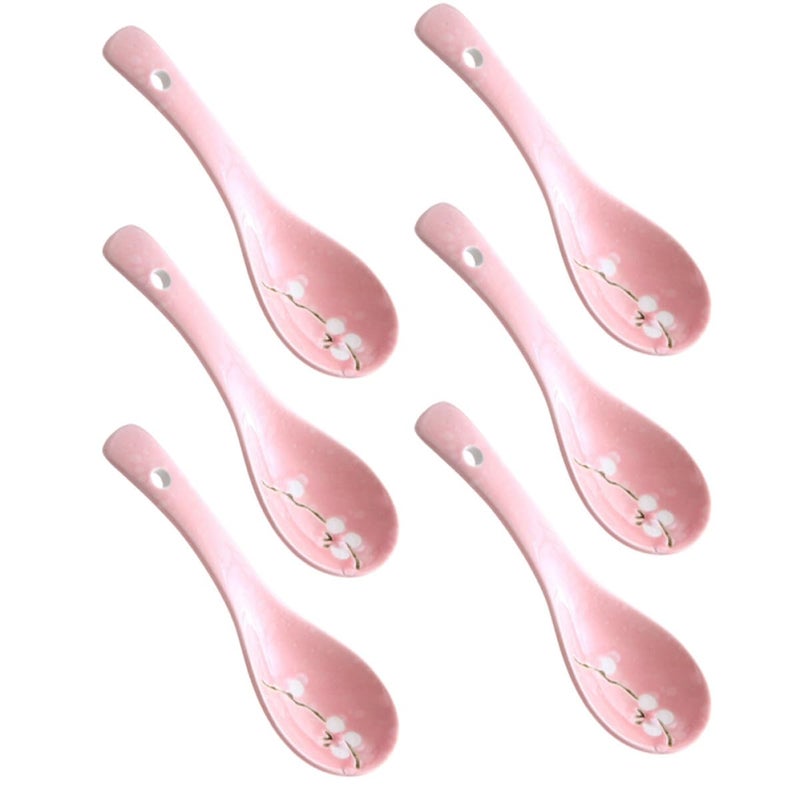 Japanese Style Snowflake Pattern Pink Ceramic Soup Spoons Set of 6 Porridge Spoons for Home Dining - Image 2