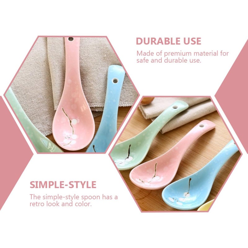 Japanese Style Snowflake Pattern Pink Ceramic Soup Spoons Set of 6 Porridge Spoons for Home Dining - Image 4