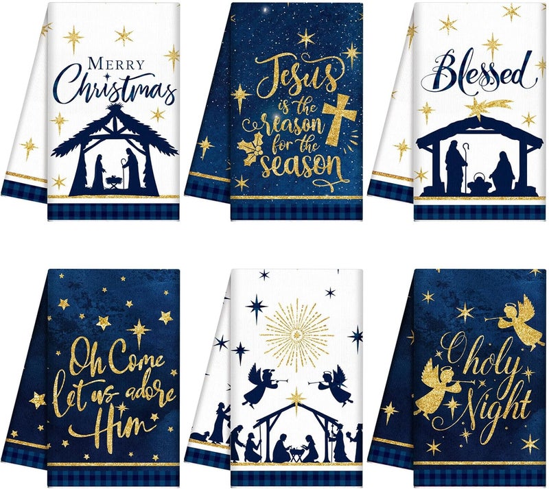 Oudain 6 Pcs Christmas Kitchen Towels Nativity Scene Christmas Hand Towels 24 x 16 Inch Jesus Decorative Dish Cloths Holiday Tea Dishcloths Winter Novelty Xmas Christ Gifts for Home Kitchen Bathroom - Image 1