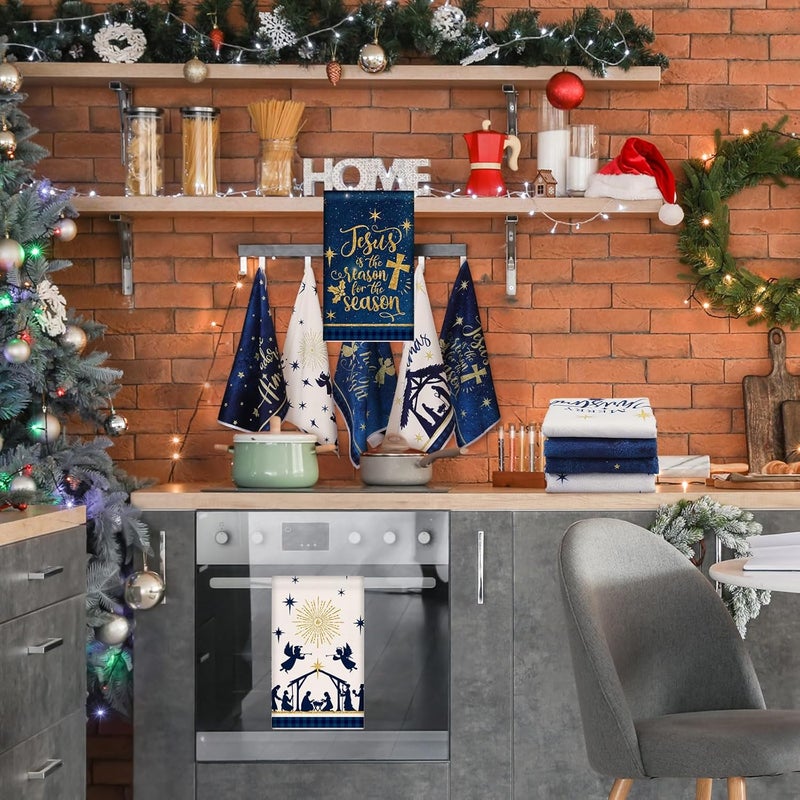 Oudain 6 Pcs Christmas Kitchen Towels Nativity Scene Christmas Hand Towels 24 x 16 Inch Jesus Decorative Dish Cloths Holiday Tea Dishcloths Winter Novelty Xmas Christ Gifts for Home Kitchen Bathroom - Image 5