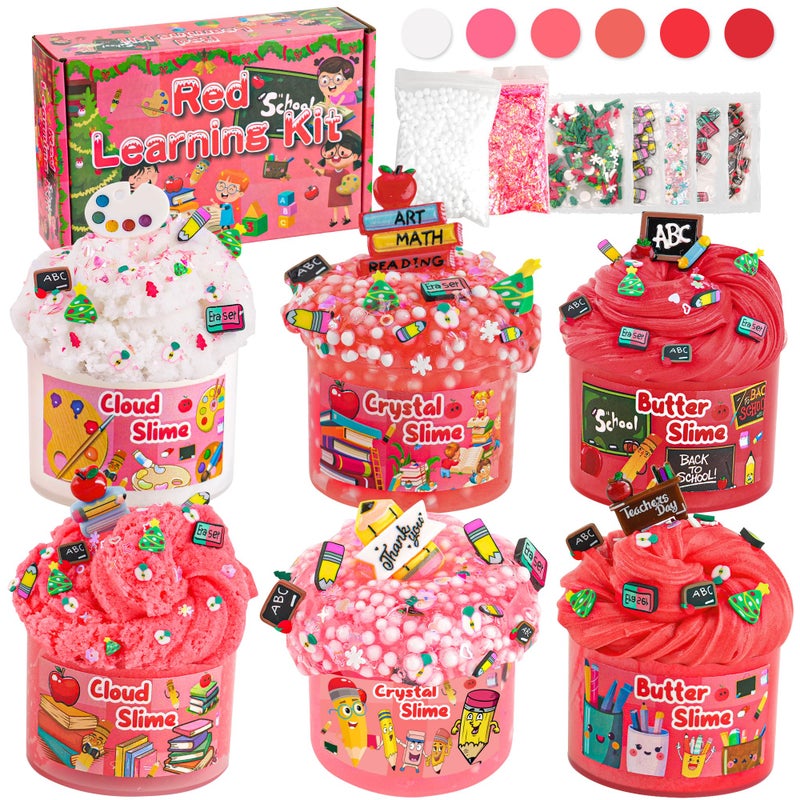 LAWOHO 6 Packs Learning Slime Kit Red Slime Gifts for Kids Cloud Butter Clear Slime Textures Birthday Party Favors Goodie Bags Stuffer Anxiety Stress Relief Toys - Image 3
