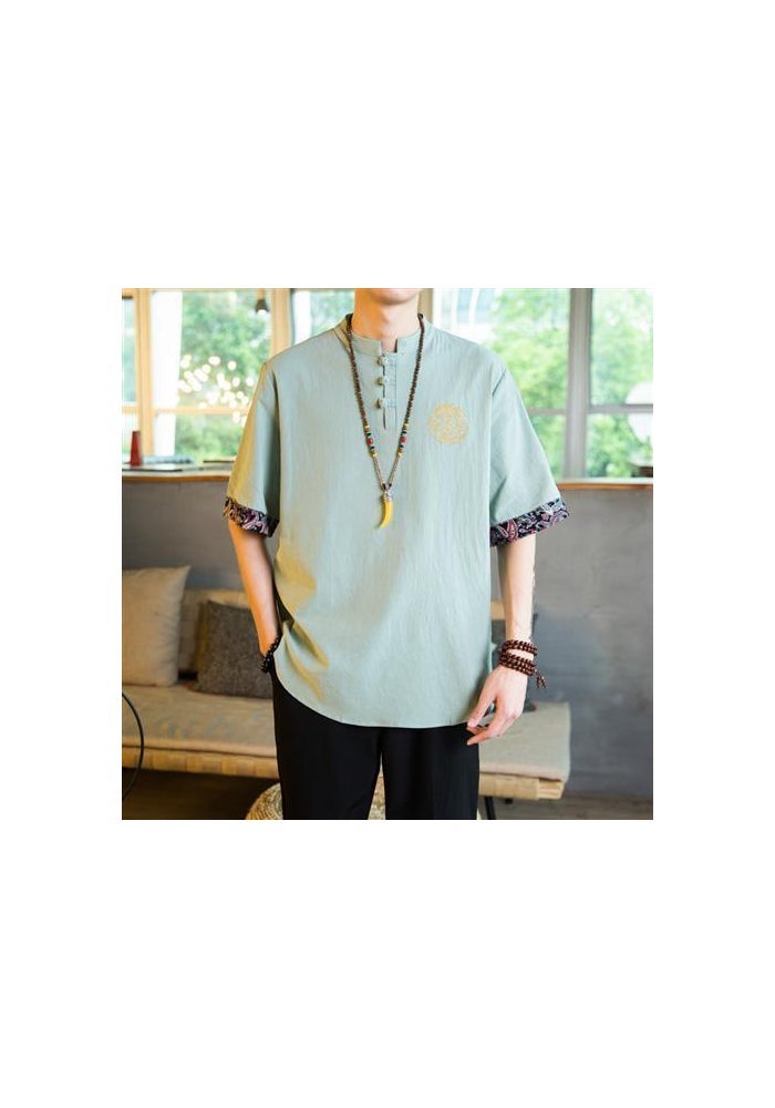 T-shirt Men's Chinese Style Embroidered Short-sleeved Linen Thin Top Trendy Brand T-shirt Cotton and Linen plus size Ethnic Style Half Sleeve - Image 1
