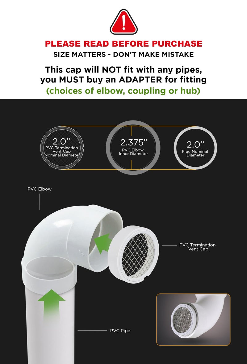 Raven R1508 Termination Cap Vent Cover Mesh Screen, Round Furnace PVC Pipe Stainless Steel Roof Vent Cap, Drain Screen 2" Inner & 2-3/8" Outer Diameter - Image 4