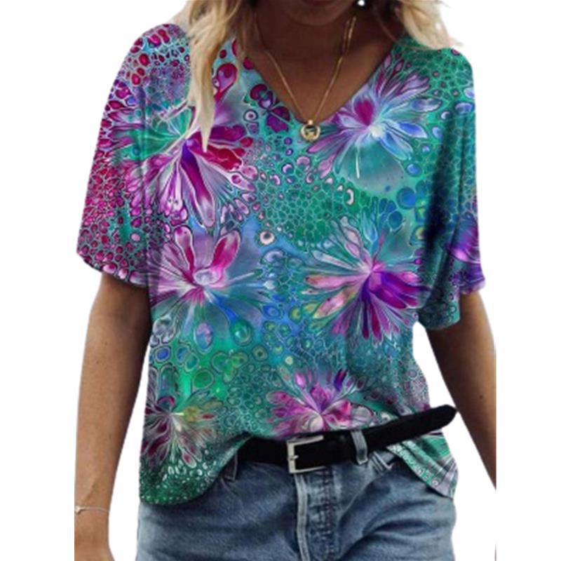 Source manufacturers foreign trade new women's V-neck short-sleeved top summer sexy 3D abstract printing T-shirt wholesale my042-4 XL - Image 4