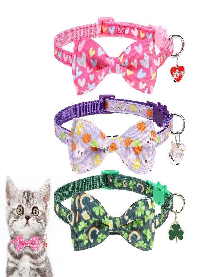 KOOLTAIL Easter Cat Collars Breakaway with Bowtie and Bells,3 Pack Adjustable Fancy Kitten Collar with Safety Buckle for Girls Boys Kitty,Cute Cat Charm Pendant Holiday - Image 1
