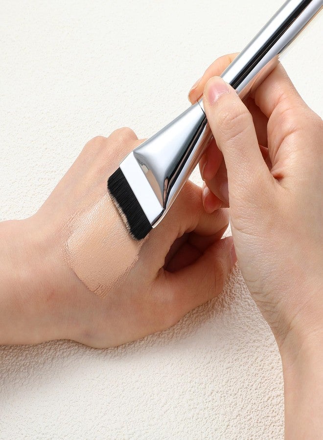 oruola فرشاة مكياج أورولا قطعتين، فرشاة كريم أساس مسطحة، فرش مكياج كورية لمزج كريم الأساس السائل، فرش مزج بشعيرات سوداء ناعمة فضية - Image 4