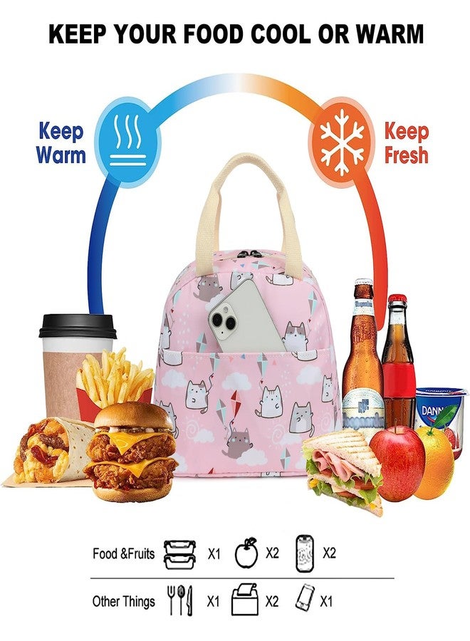 Kouxunt Cat Insulated Lunch Bag for Women Grils, Reusable Tote Lunch Box for Work School Picnic Travel (Pink) - Image 2