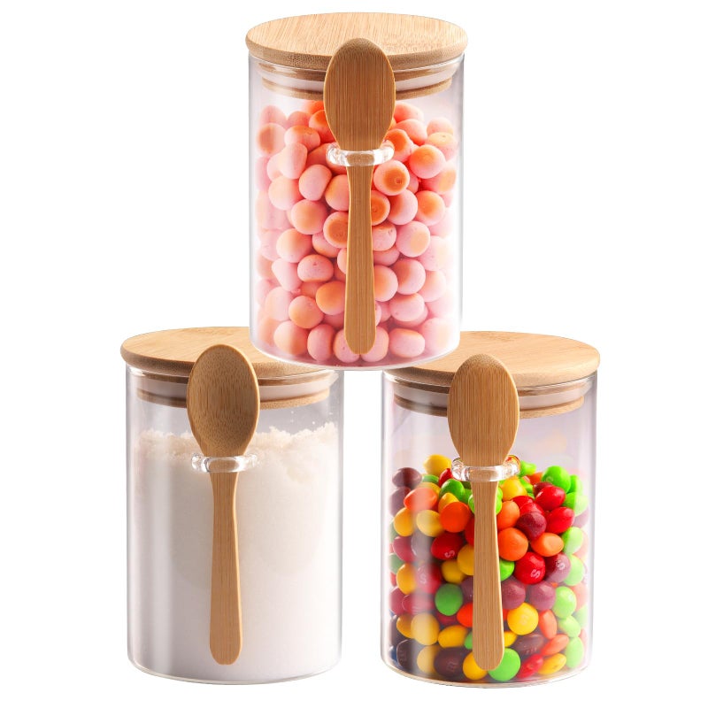 CDBOVID 3 Pcs 20oz Clear Glass Jars with Airtight Bamboo Lids Spoons Food Storage Containers for Dry Goods Bath Salts Soaps