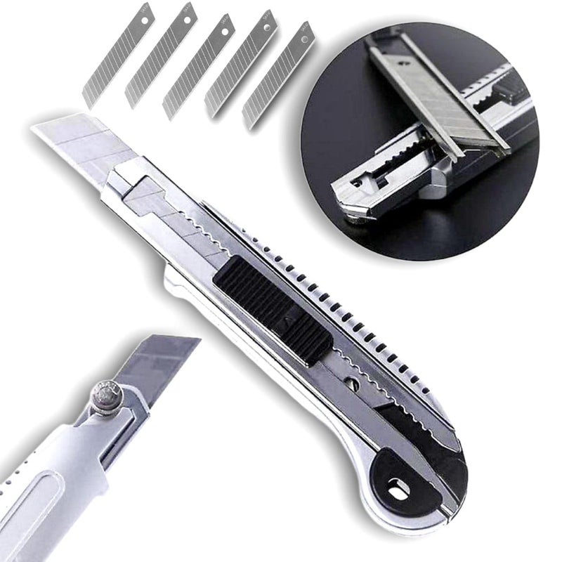 Dinojames Heavy Duty 18mm Cutter Knife Set With 5 Sharp Replacement lade (Self loading blade) - Image 4