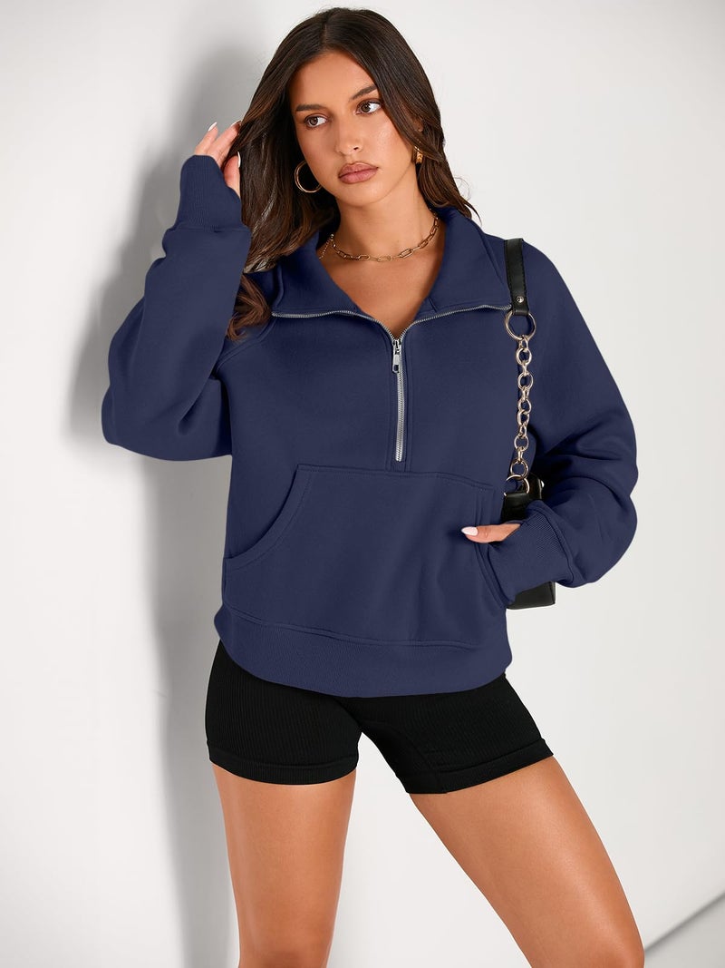 AUTOMET Womens Sweatshirts Half Zip Cropped Pullover Fleece Quarter Zipper Sweater Hoodies 2026 Fall Fashion Outfits Clothes NavyBlue Medium - Image 3