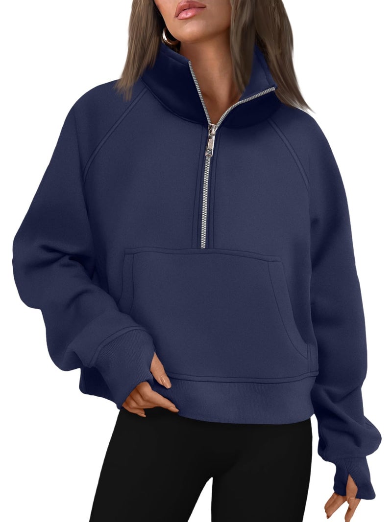AUTOMET Womens Sweatshirts Half Zip Cropped Pullover Fleece Quarter Zipper Sweater Hoodies 2026 Fall Fashion Outfits Clothes NavyBlue Medium - Image 1