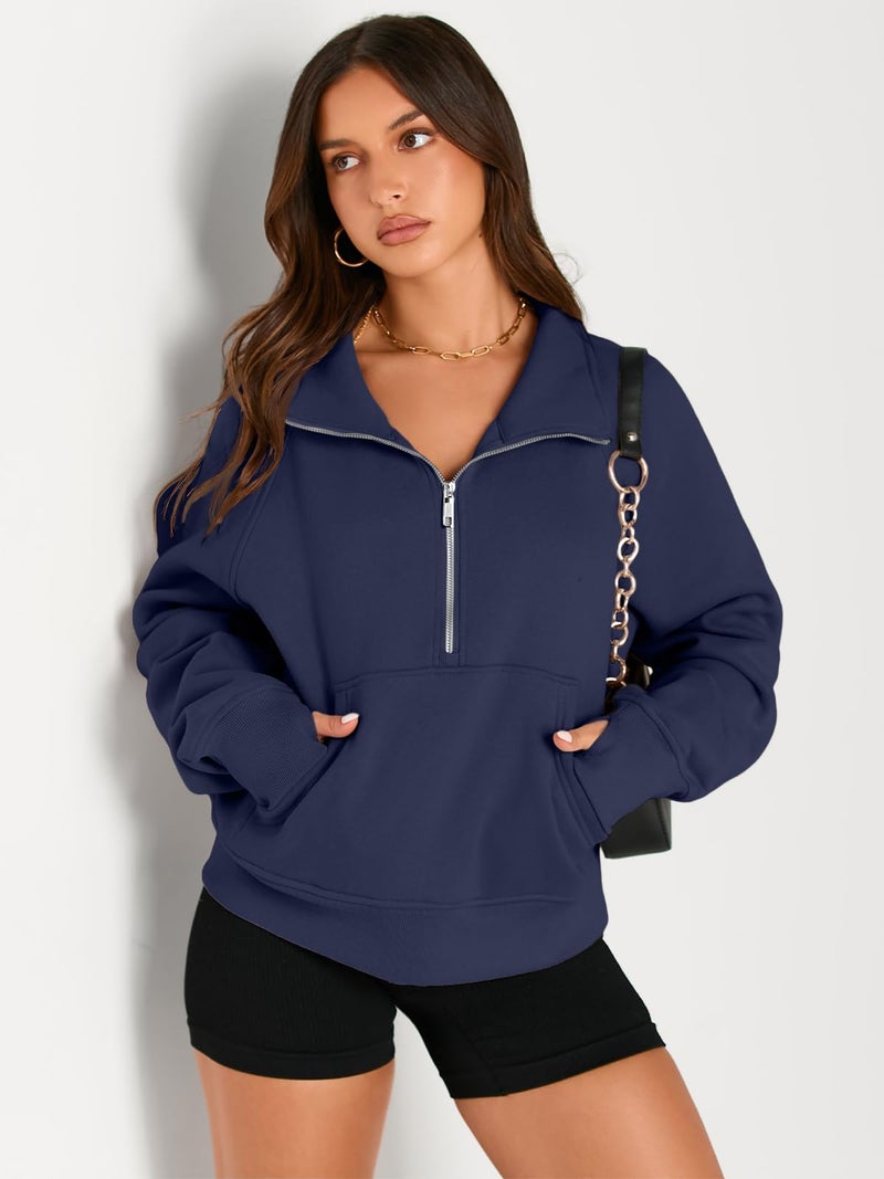 AUTOMET Womens Sweatshirts Half Zip Cropped Pullover Fleece Quarter Zipper Sweater Hoodies 2026 Fall Fashion Outfits Clothes NavyBlue Medium - Image 2