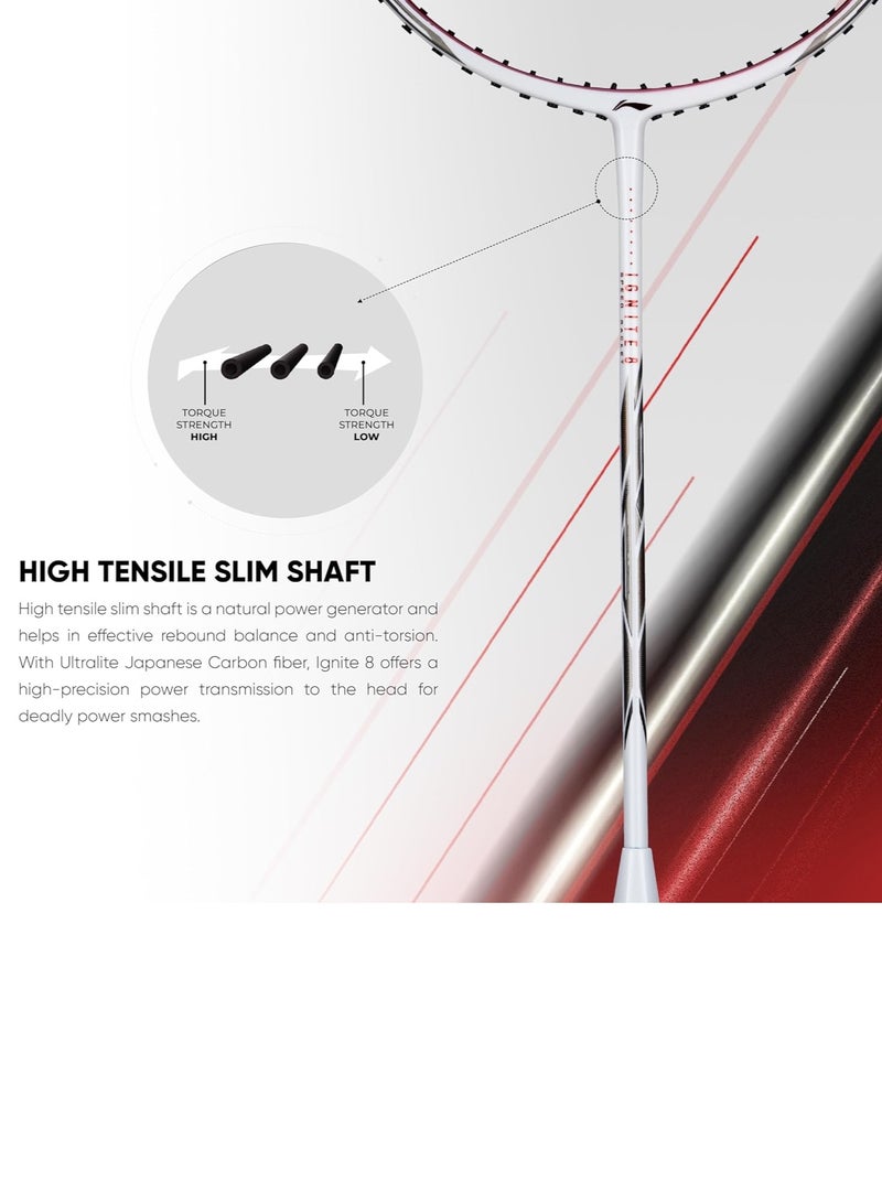 Li-Ning Ignite 8 Japanese Carbon Graphite Unstrung Badminton Racket with Full Cover (Pearl White/Fire Red, 77 Grams) - Image 4