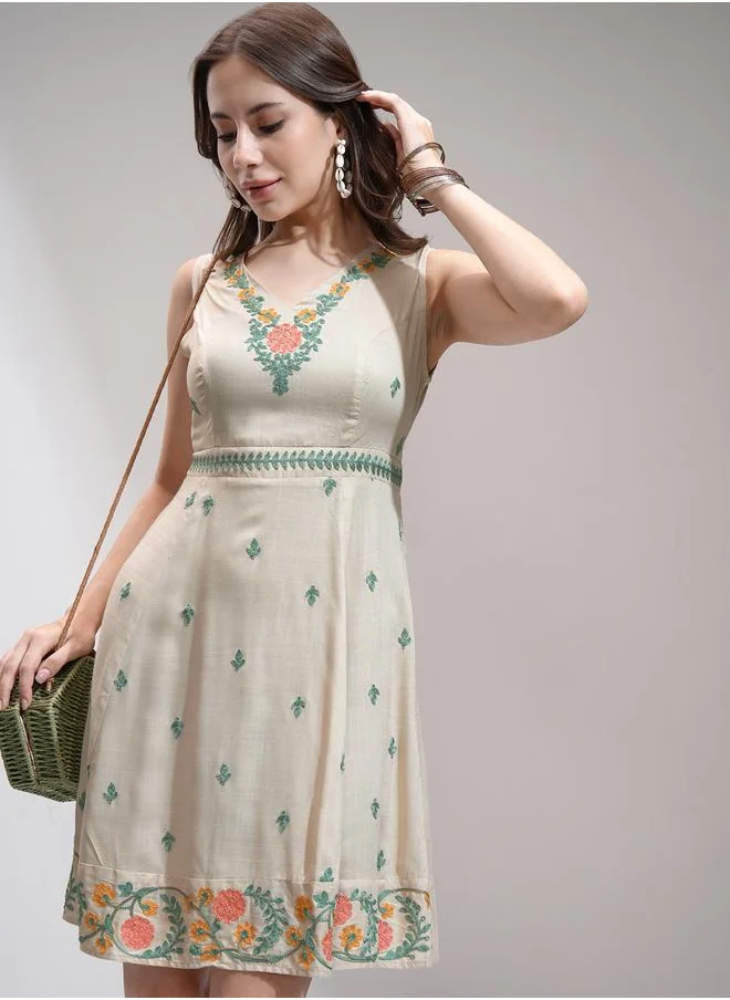 Vishudh Vishudh Women Embroidered V Neck A-Line Mini Dress