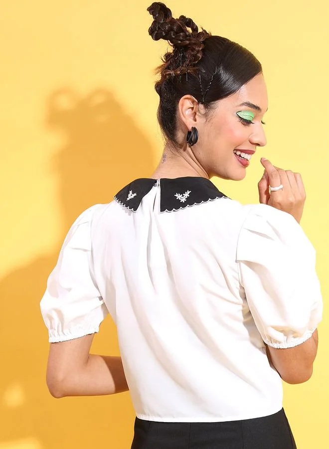 Tokyo Talkies Embroidered Peter Pan Collar Top by Styli