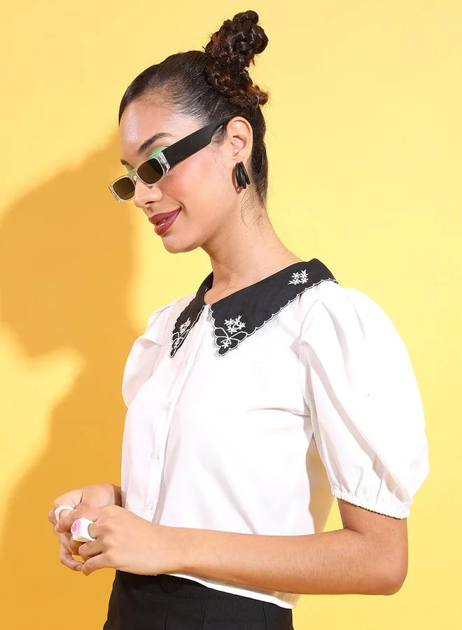 Tokyo Talkies Embroidered Peter Pan Collar Top by Styli