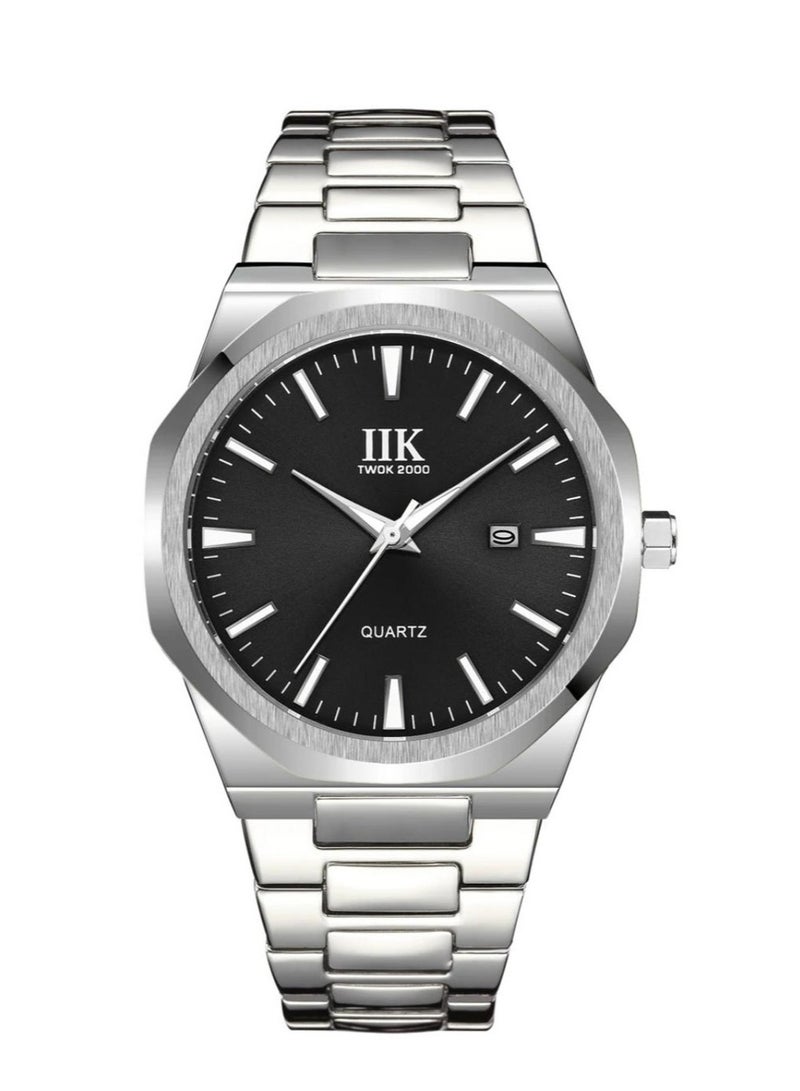 IIK Collection Men's Wrist Watch, Silver Band with Black Dial, And silver edges