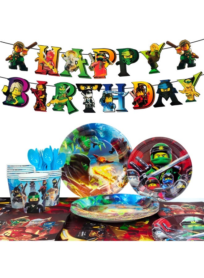 FRUITFUL PARTY Ninjago Birthday Party Tableware Set for 16 Guests, 114pcs Ninja Themed Party Decorations Ninjago Party Plates Napkins Tablecloth Banner - Image 1