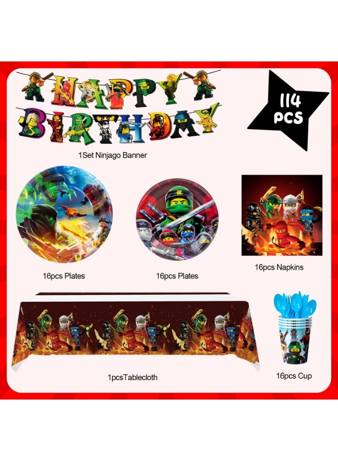 FRUITFUL PARTY Ninjago Birthday Party Tableware Set for 16 Guests, 114pcs Ninja Themed Party Decorations Ninjago Party Plates Napkins Tablecloth Banner - Image 2