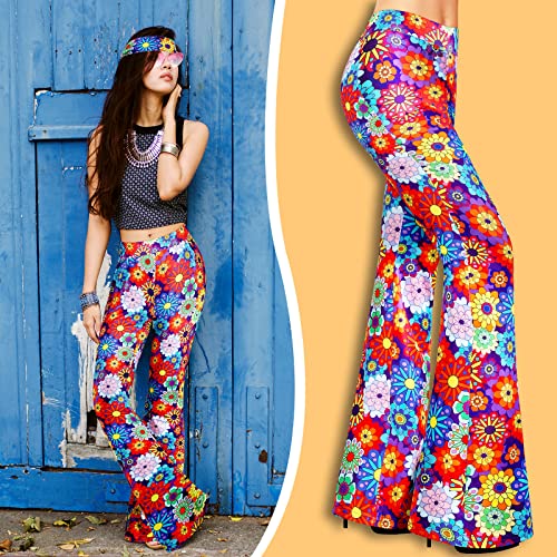 Tisancy 3 Pcs 60s 70s Outfit for Women Hippie Costume Set Disco Flared Pants Groovy Outfit Party Accessories(L Size, Floral) - Image 4