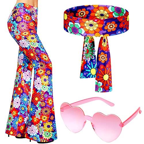 Tisancy 3 Pcs 60s 70s Outfit for Women Hippie Costume Set Disco Flared Pants Groovy Outfit Party Accessories(L Size, Floral) - Image 1